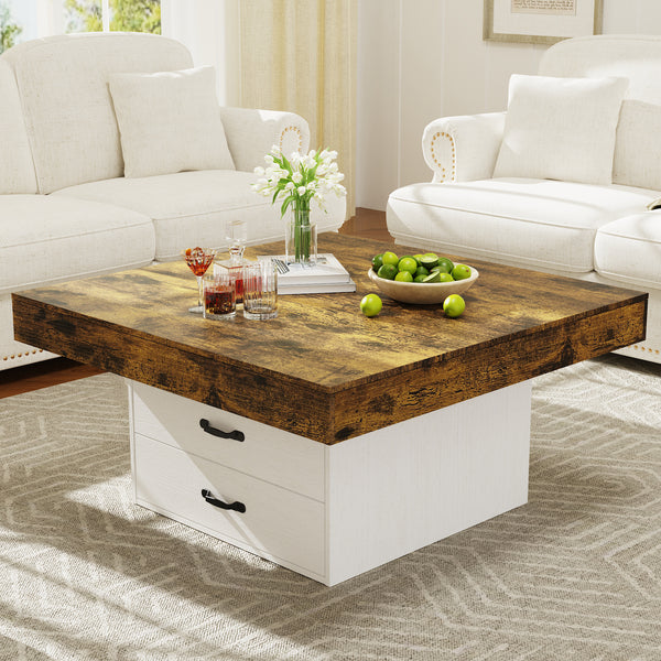 35.43" Coffee Table, Holaki Farmhouse Square Coffee Table with 2 Large Storage Drawers and LED Light, Thick Tabletop Wooden Coffee Table for Living Room Office, Black
