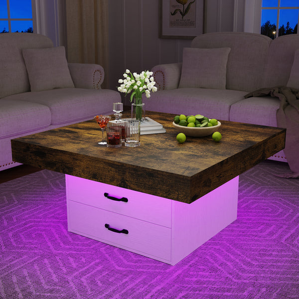 35.43" Coffee Table, Holaki Farmhouse Square Coffee Table with 2 Large Storage Drawers and LED Light, Thick Tabletop Wooden Coffee Table for Living Room Office, Black