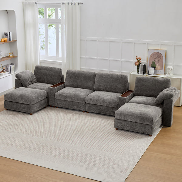 Holaki 138" Oversized Modular Sectional Sofa with 2 Built-in Side Tables, 3 Seat Large Wide Comfy Cloud Couches for Living Room, Sectional Sleeper Sofa with 2 Ottoman & Storage Space