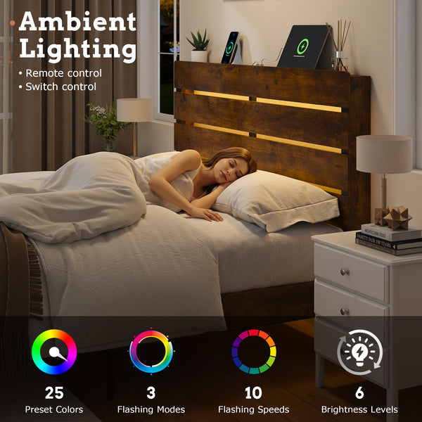 Wood Full Bed Frame with Headboard, Holaki Rustic Farmhouse Platform Bed Frame with USB Port & LED Lights, Heavy-Duty Wood & Metal Frame, No Box Spring Needed, Easy Assembly