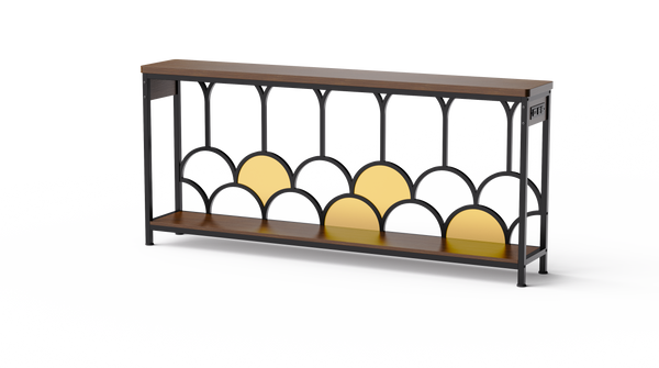 Modern minimalist metal-framed long cabinet with gold geometric accents, perfect for living rooms and entryways.