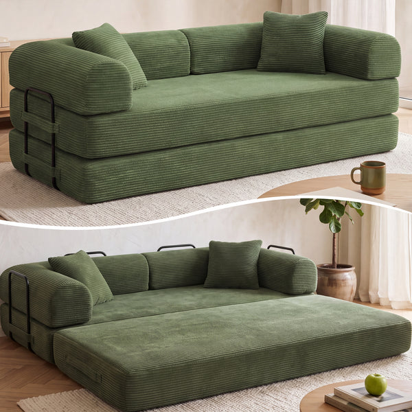 3-in-1 Convertible Sleeper Sofa Bed with Pillows - 78" Corduroy Folding Couch for Living Room, Bedroom