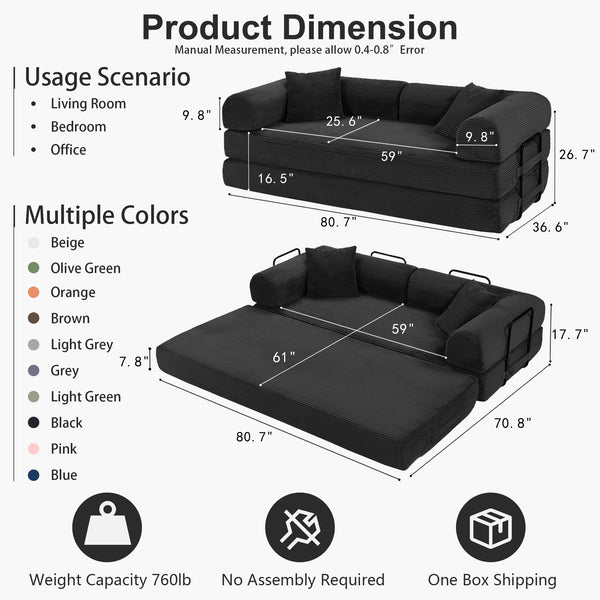 3-in-1 Convertible Sleeper Sofa Bed with Pillows - 78" Corduroy Folding Couch for Living Room, Bedroom