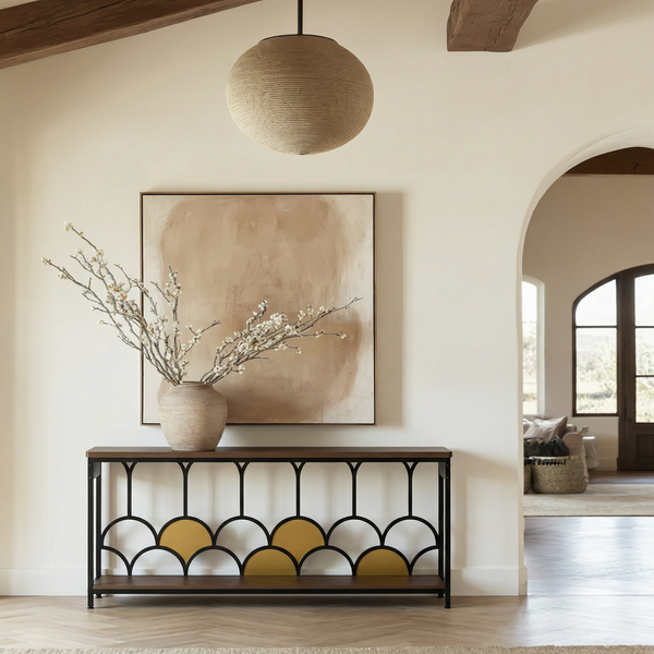 Modern minimalist metal-framed long cabinet with gold geometric accents, perfect for living rooms and entryways.
