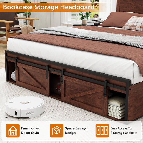 Queen Size Bed Frame, Holaki Farmhouse Queen Bed Frame with Storage Headboard, Charging Station & LED Lights, 2 Storage Drawers, No Box Spring Needed, Noise Free, Easy Assembly, White