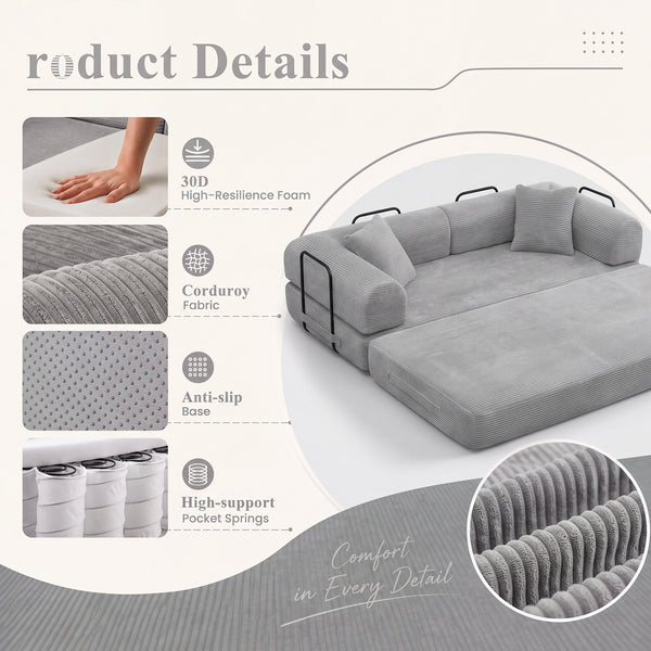 3-in-1 Convertible Sleeper Sofa Bed with Pillows - 78" Corduroy Folding Couch for Living Room, Bedroom
