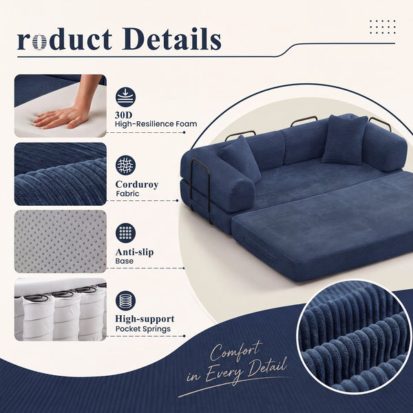 3-in-1 Convertible Sleeper Sofa Bed with Pillows - 78" Corduroy Folding Couch for Living Room, Bedroom