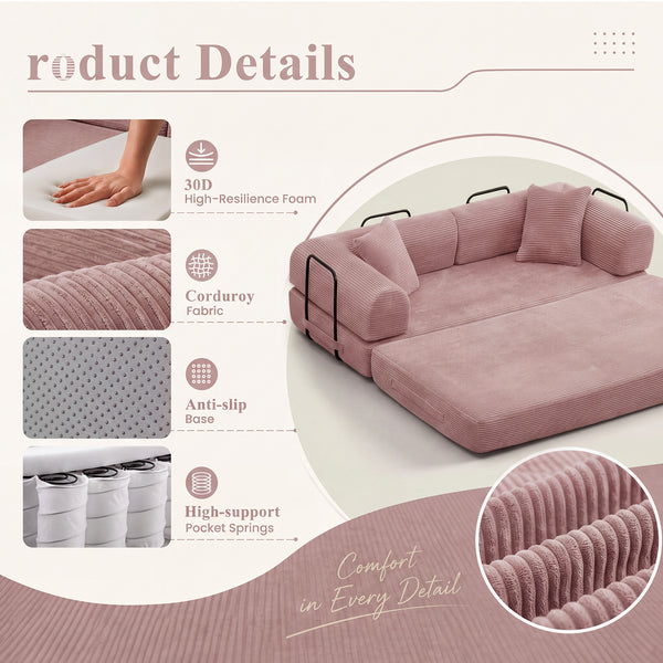 3-in-1 Convertible Sleeper Sofa Bed with Pillows - 78" Corduroy Folding Couch for Living Room, Bedroom
