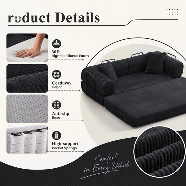 3-in-1 Convertible Sleeper Sofa Bed with Pillows - 78" Corduroy Folding Couch for Living Room, Bedroom