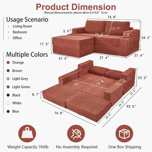 Holaki 5 in 1 Modular Sectional Sofa with Movable Ottoman, L-Shaped Convertible Boneless Couch for Living Room, Corduroy Deep Seat Sofa
