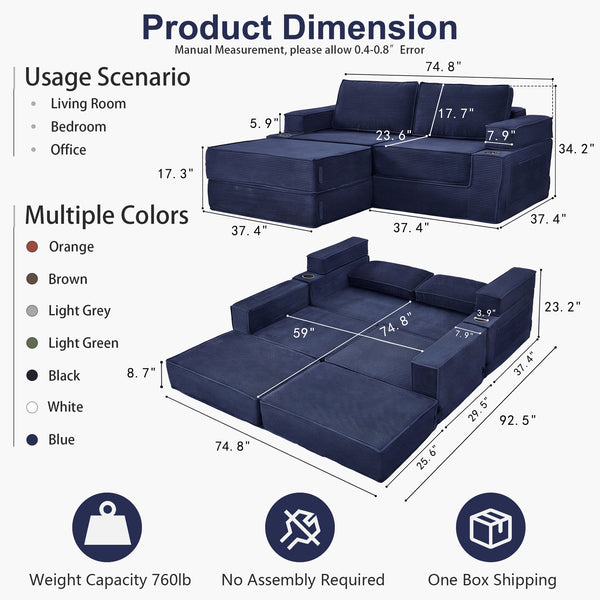 Holaki 5 in 1 Modular Sectional Sofa with Movable Ottoman, L-Shaped Convertible Boneless Couch for Living Room, Corduroy Deep Seat Sofa