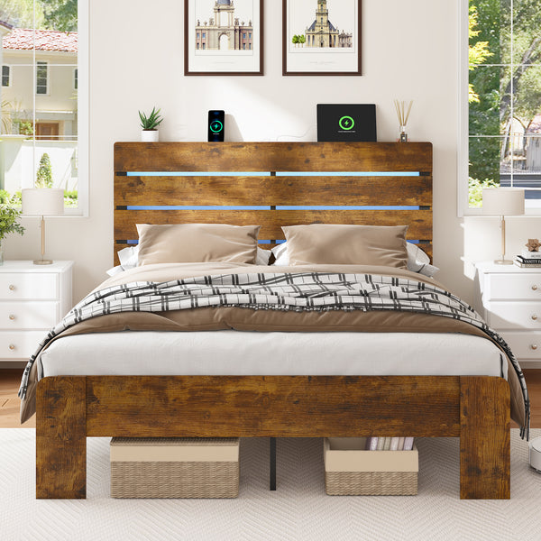 Wood Full Bed Frame with Headboard, Holaki Rustic Farmhouse Platform Bed Frame with USB Port & LED Lights, Heavy-Duty Wood & Metal Frame, No Box Spring Needed, Easy Assembly