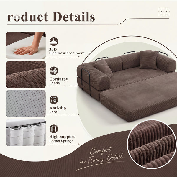 3-in-1 Convertible Sleeper Sofa Bed with Pillows - 78" Corduroy Folding Couch for Living Room, Bedroom