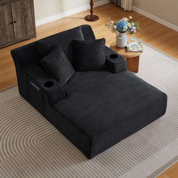 Oversized Chaise Lounge Chair Indoor, Comfy Deep Seat Sleeper Cloud Couch with 2 Cup Holder & Throw Pillow, Faux Fur Upholstered Deep Seat Accent Chair for Living Room & Office, No Assembly Required
