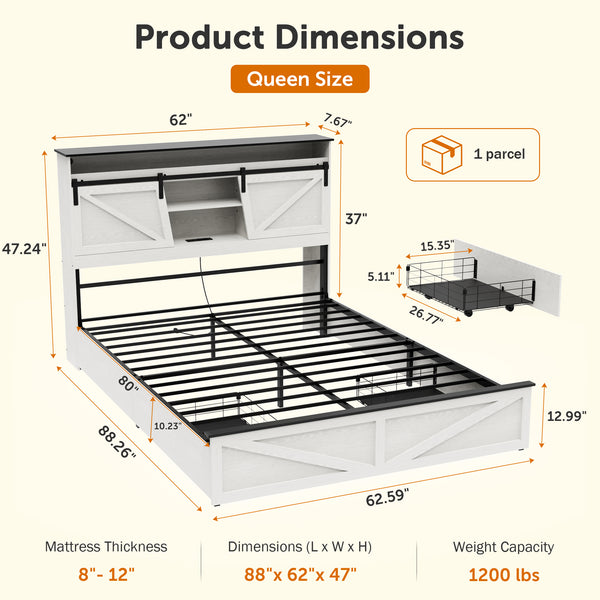 Holaki Farmhouse Queen Size Bed Frame with Storage Headboard, 2 Drawers, Charging Station & RGB LED Lights, Wood Platform Bed with Shelves & Hidden Storage, No Box Spring Required, Dark Brown
