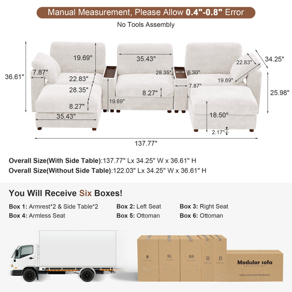Holaki 138" Oversized Modular Sectional Sofa with 2 Built-in Side Tables, 3 Seat Large Wide Comfy Cloud Couches for Living Room, Sectional Sleeper Sofa with 2 Ottoman & Storage Space