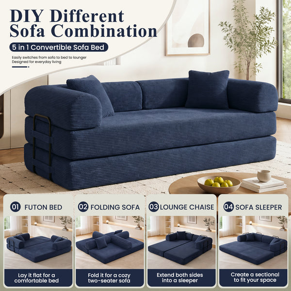3-in-1 Convertible Sleeper Sofa Bed with Pillows - 78" Corduroy Folding Couch for Living Room, Bedroom