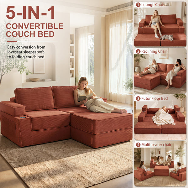 Holaki 5 in 1 Modular Sectional Sofa with Movable Ottoman, L-Shaped Convertible Boneless Couch for Living Room, Corduroy Deep Seat Sofa