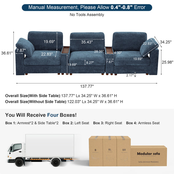 Holaki 138" Oversized Modular Sectional Sofa with 2 Built-in Side Tables, 3 Seat Large Wide Comfy Cloud Couches for Living Room, Sectional Sleeper Sofa with 2 Ottoman & Storage Space