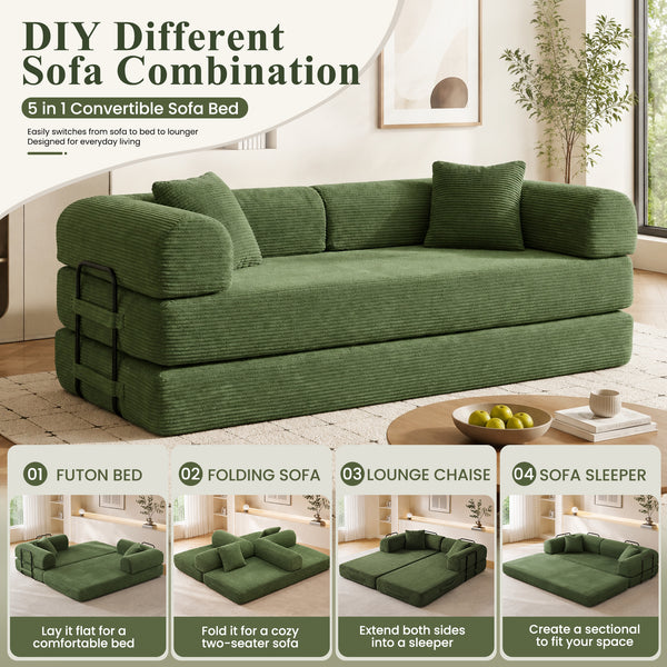 3-in-1 Convertible Sleeper Sofa Bed with Pillows - 78" Corduroy Folding Couch for Living Room, Bedroom