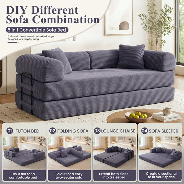 3-in-1 Convertible Sleeper Sofa Bed with Pillows - 78" Corduroy Folding Couch for Living Room, Bedroom