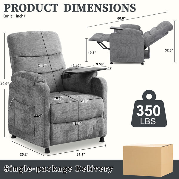 Power Recliner Chair, Nursery Recliner Chair with Swivel Tray Table & Cup Holder, Modern Chenille Fabric Electric Recliner with Side Pocket & Remote for Living Room Small Space