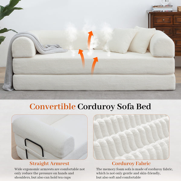3-in-1 Convertible Sleeper Sofa Bed with Pillows - 78" Corduroy Folding Couch for Living Room, Bedroom