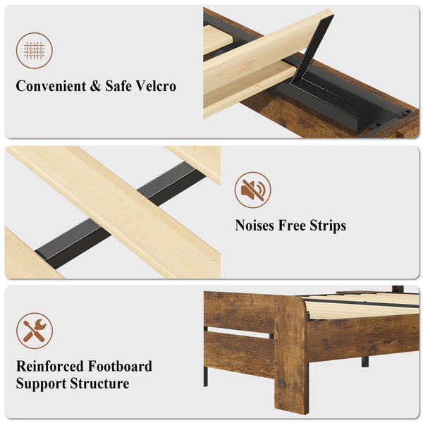 Wood Queen Bed Frame with Headboard, Holaki Rustic Farmhouse Platform Bed Frame with USB Port & 2 Foldable Side Storage Rack, 12 Wood Slats Support, No Box Spring Needed, Easy Assembly