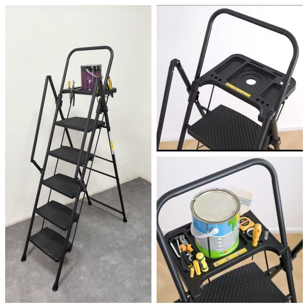 5 Step Ladder with Handrails, Holaki Folding Step Stool with Widened Anti-Slip Pedal, 500lbs Lightweight Step Ladder 6 Step Folding, Multi-Use for Home Kitchen Pantry Office, Black