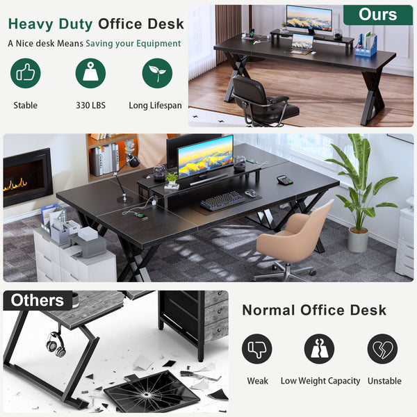 Executive Office Desk, Holaki 70.8" Large Farmhouse Wooden Office Desk with Desktop Stand and Charging Station, Study Writing Table Computer Desk Workstation for Home
