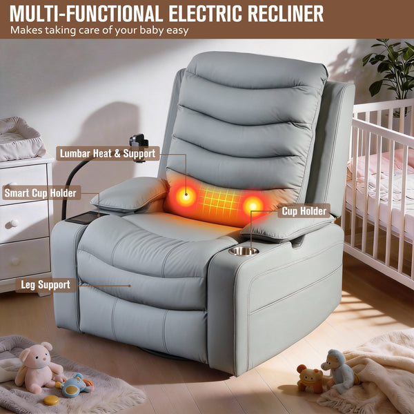 Holaki Power Recliner Chair, 270° Swivel Recliner with Heat & Lumbar Support, Modern Chenille Rocker Recliner Nursery Chair with Smart Cup Holder & Adjustable Armrests for Nursing