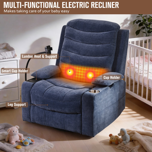 Holaki Power Recliner Chair, 270° Swivel Recliner with Heat & Lumbar Support, Modern Chenille Rocker Recliner Nursery Chair with Smart Cup Holder & Adjustable Armrests for Nursing