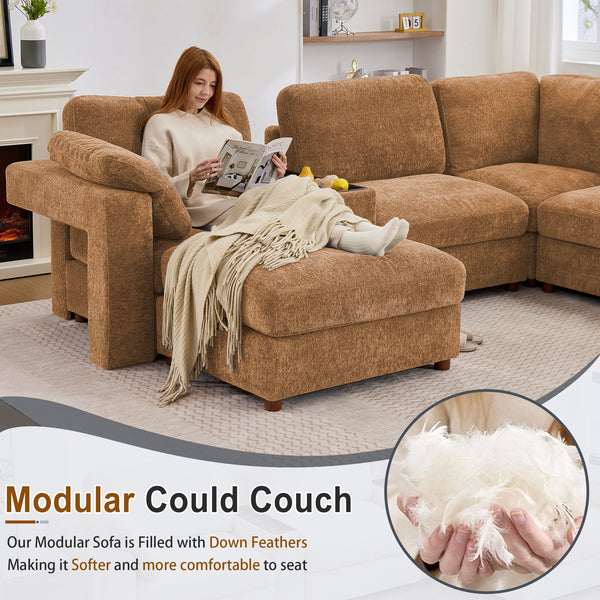 Holaki 138" Oversized Modular Sectional Sofa with 2 Built-in Side Tables, 3 Seat Large Wide Comfy Cloud Couches for Living Room, Sectional Sleeper Sofa with 2 Ottoman & Storage Space
