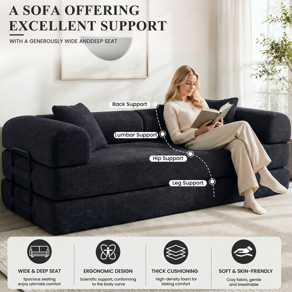 3-in-1 Convertible Sleeper Sofa Bed with Pillows - 78" Corduroy Folding Couch for Living Room, Bedroom