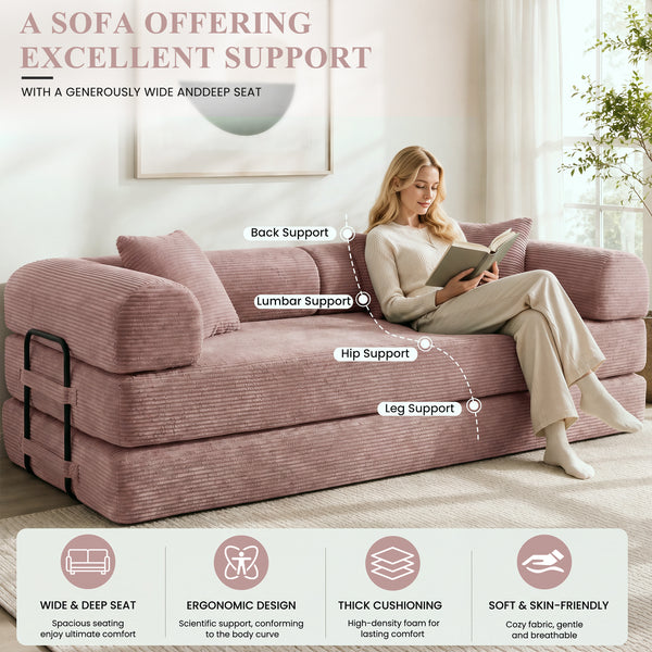 3-in-1 Convertible Sleeper Sofa Bed with Pillows - 78" Corduroy Folding Couch for Living Room, Bedroom