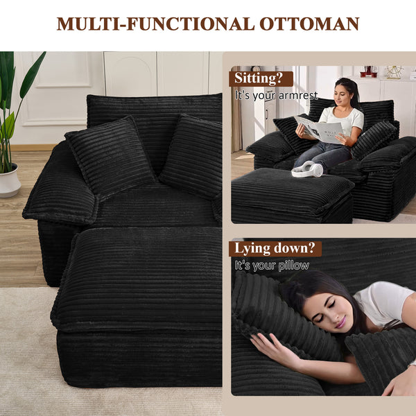 47" Oversized Chaise Lounge Chair Indoor, Holaki Fluffy Corduroy Upholstered Springs Sofa Bed with Ottoman & Pillows, Modern Comfy Cloud Sofas Couches for Living Room, Bedroom