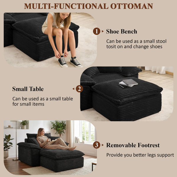 47" Oversized Chaise Lounge Chair Indoor, Holaki Fluffy Corduroy Upholstered Springs Sofa Bed with Ottoman & Pillows, Modern Comfy Cloud Sofas Couches for Living Room, Bedroom