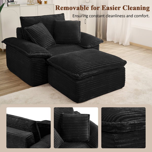 47" Oversized Chaise Lounge Chair Indoor, Holaki Fluffy Corduroy Upholstered Springs Sofa Bed with Ottoman & Pillows, Modern Comfy Cloud Sofas Couches for Living Room, Bedroom