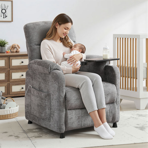 Power Recliner Chair, Nursery Recliner Chair with Swivel Tray Table & Cup Holder, Modern Chenille Fabric Electric Recliner with Side Pocket & Remote for Living Room Small Space