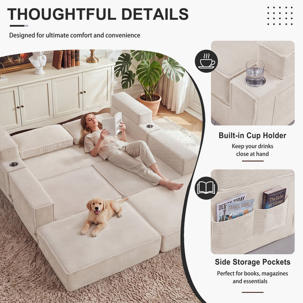 Holaki 5 in 1 Modular Sectional Sofa with Movable Ottoman, L-Shaped Convertible Boneless Couch for Living Room, Corduroy Deep Seat Sofa