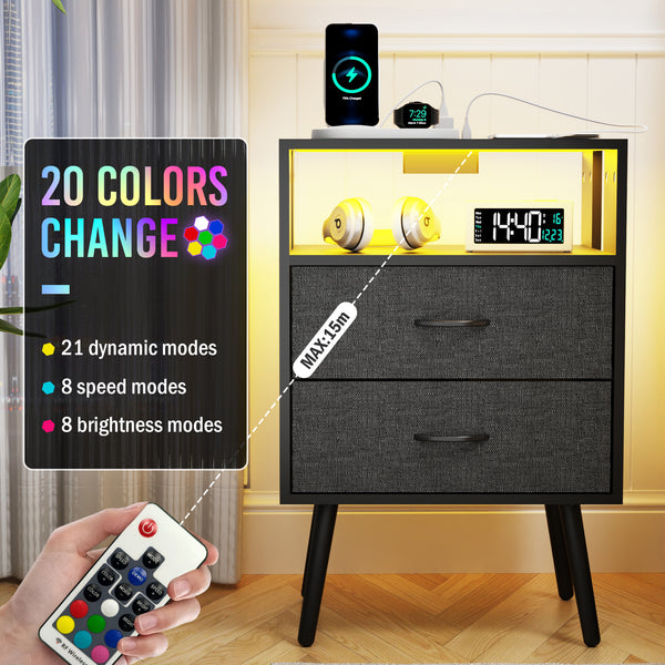 Nightstand Set of 2, Holaki Nightstand for Bedroom with Charging Station, Modern Nightstand with 3 Storage Drawer & 20 Colors LED Lights, Bedside Table for Living Room, White