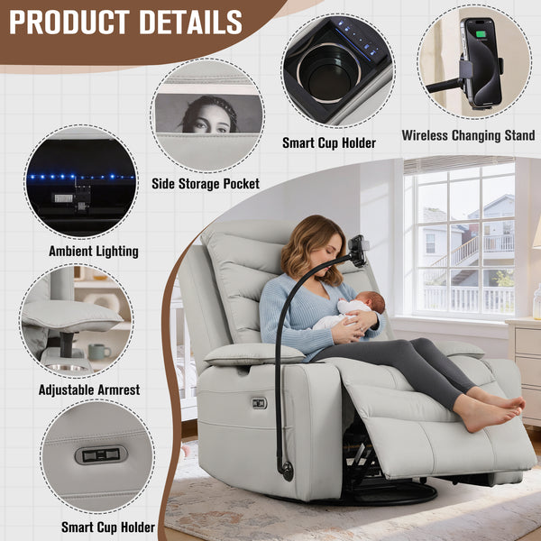 Holaki Power Recliner Chair, 270° Swivel Recliner with Heat & Lumbar Support, Modern Chenille Rocker Recliner Nursery Chair with Smart Cup Holder & Adjustable Armrests for Nursing