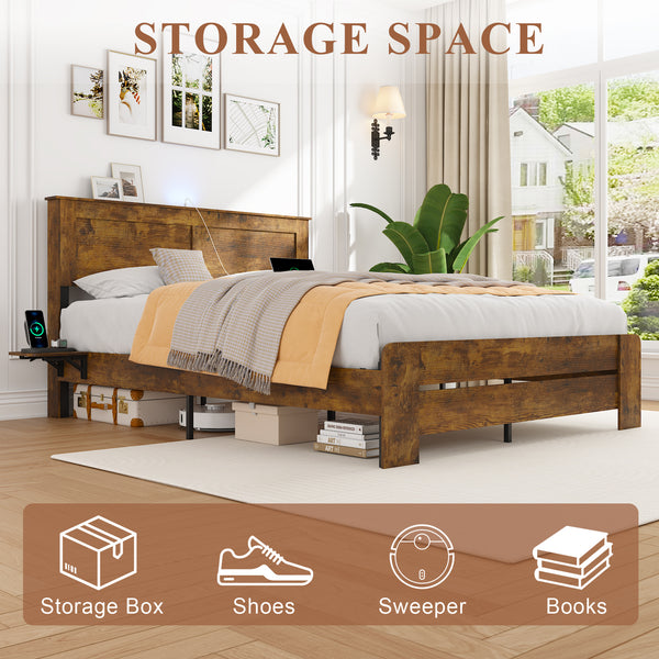 Wood Queen Bed Frame with Headboard, Holaki Rustic Farmhouse Platform Bed Frame with USB Port & 2 Foldable Side Storage Rack, 12 Wood Slats Support, No Box Spring Needed, Easy Assembly