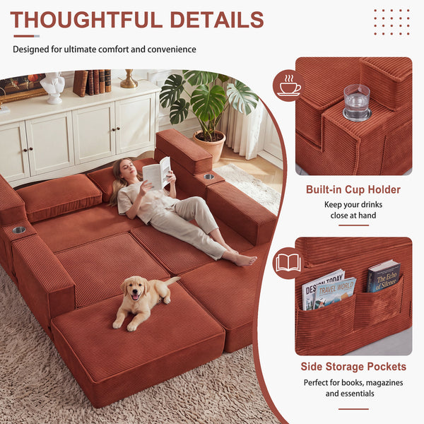 Holaki 5 in 1 Modular Sectional Sofa with Movable Ottoman, L-Shaped Convertible Boneless Couch for Living Room, Corduroy Deep Seat Sofa
