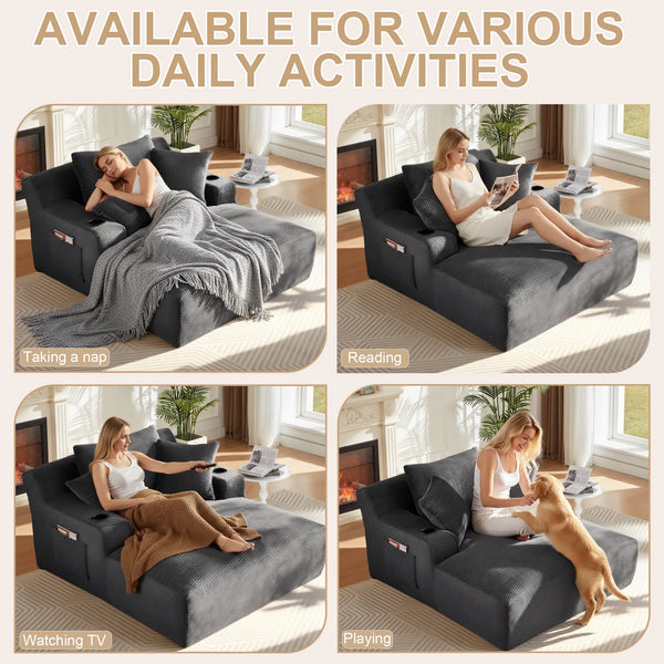 Oversized Chaise Lounge Chair Indoor, Holaki Comfy Deep Seat Sleeper Cloud Couch with 2 Cup Holder & Throw Pillow, Faux Fur Upholstered Deep Seat Accent Chair for Living Room, No Assembly Required