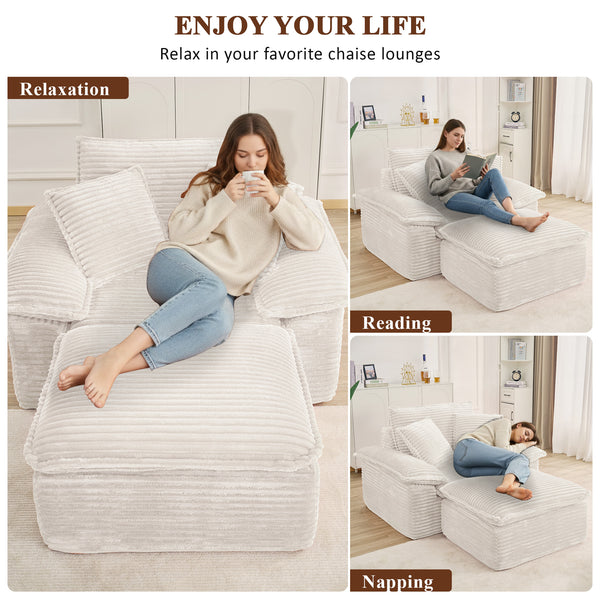 47" Oversized Chaise Lounge Chair Indoor, Holaki Fluffy Corduroy Upholstered Springs Sofa Bed with Ottoman & Pillows, Modern Comfy Cloud Sofas Couches for Living Room, Bedroom