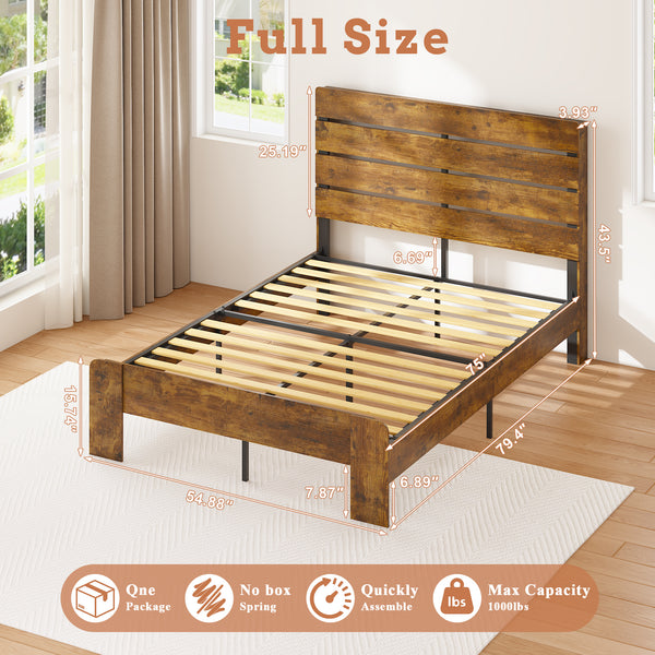Wood Full Bed Frame with Headboard, Holaki Rustic Farmhouse Platform Bed Frame with USB Port & LED Lights, Heavy-Duty Wood & Metal Frame, No Box Spring Needed, Easy Assembly