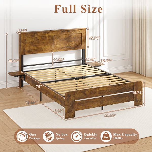 Wood Queen Bed Frame with Headboard, Holaki Rustic Farmhouse Platform Bed Frame with USB Port & 2 Foldable Side Storage Rack, 12 Wood Slats Support, No Box Spring Needed, Easy Assembly