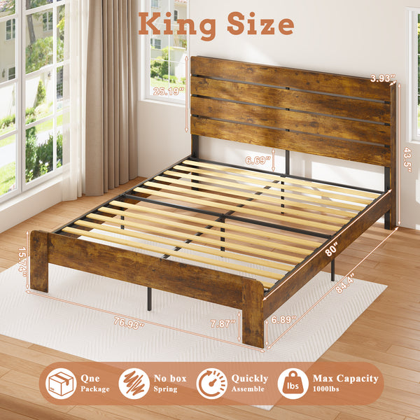 Wood Full Bed Frame with Headboard, Holaki Rustic Farmhouse Platform Bed Frame with USB Port & LED Lights, Heavy-Duty Wood & Metal Frame, No Box Spring Needed, Easy Assembly