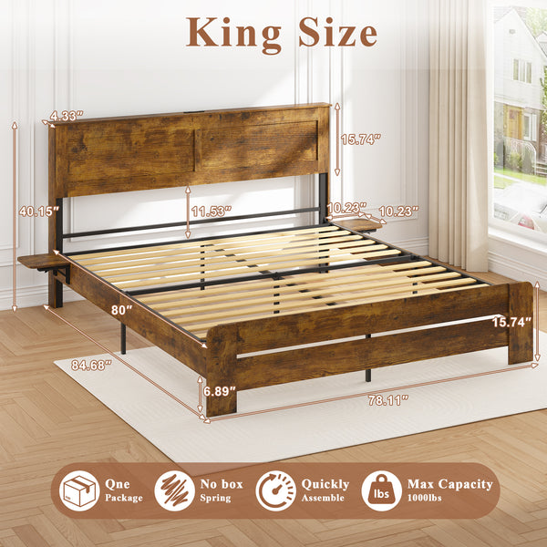 Wood Queen Bed Frame with Headboard, Holaki Rustic Farmhouse Platform Bed Frame with USB Port & 2 Foldable Side Storage Rack, 12 Wood Slats Support, No Box Spring Needed, Easy Assembly